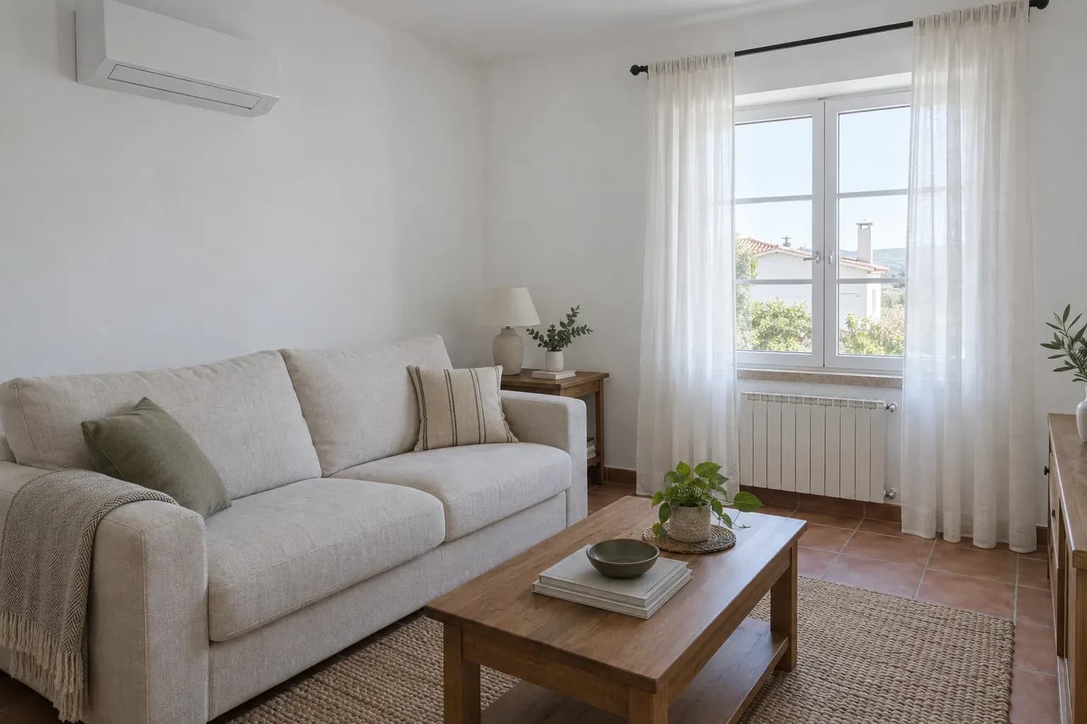Sala de estar com uma unidade de parede de ar condicionado de um lado e um radiador debaixo da janela do outro