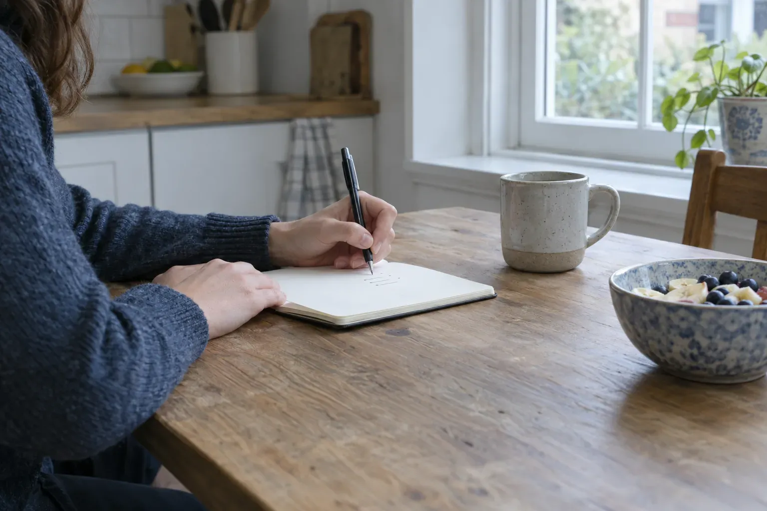 Mãos a escrever uma lista num caderno sobre uma mesa de cozinha, junto a uma janela