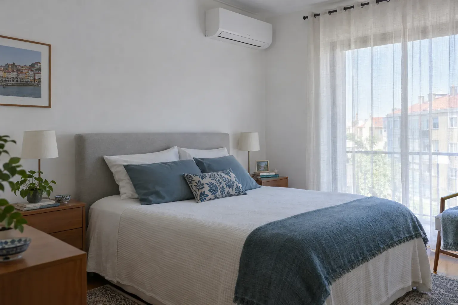 Quarto com um ar condicionado de parede branco montado acima de uma cama feita, com luz da manhã