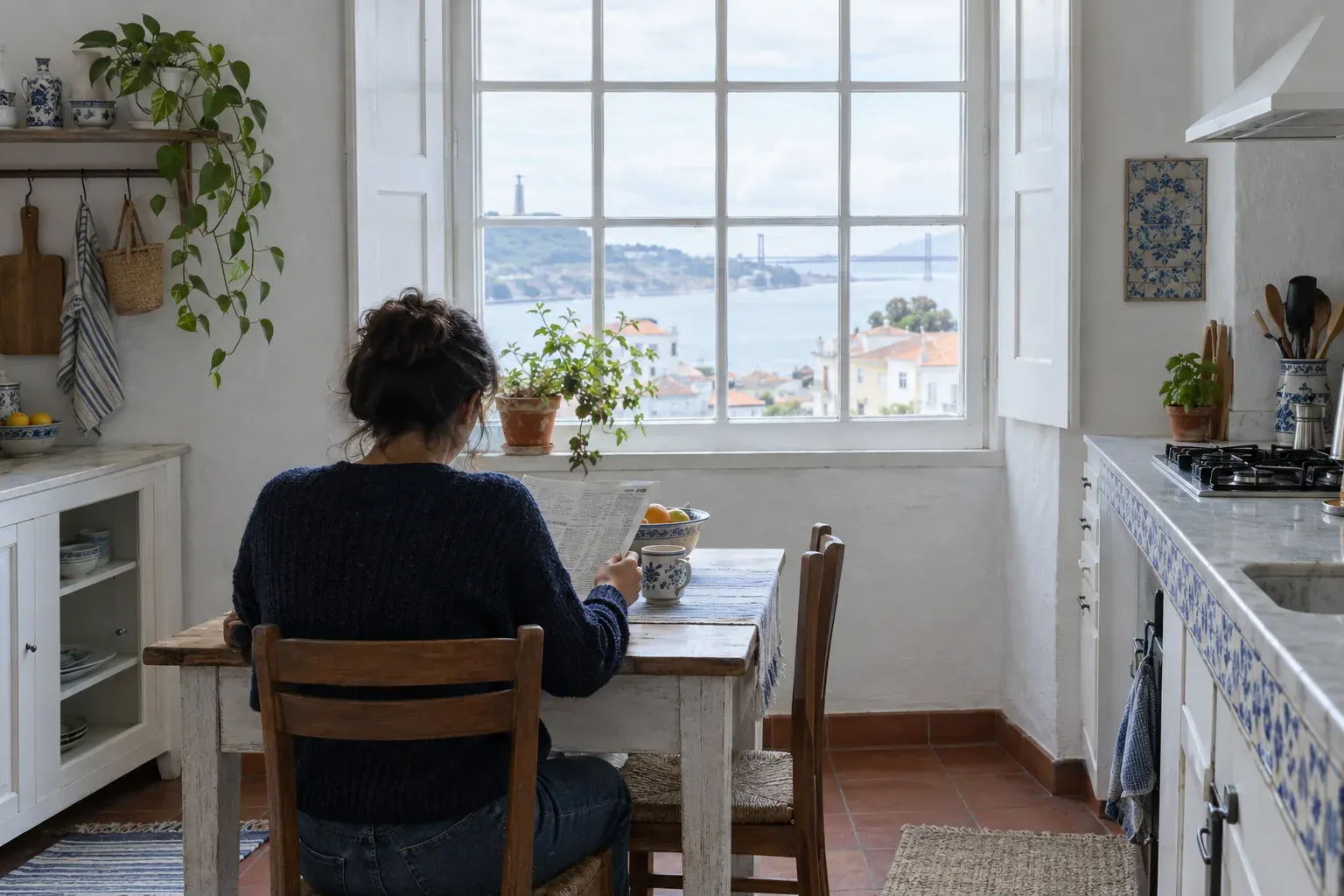 Cozinha com uma janela de luz do dia, com uma pessoa vista de costas a ler um papel sentada a uma mesa