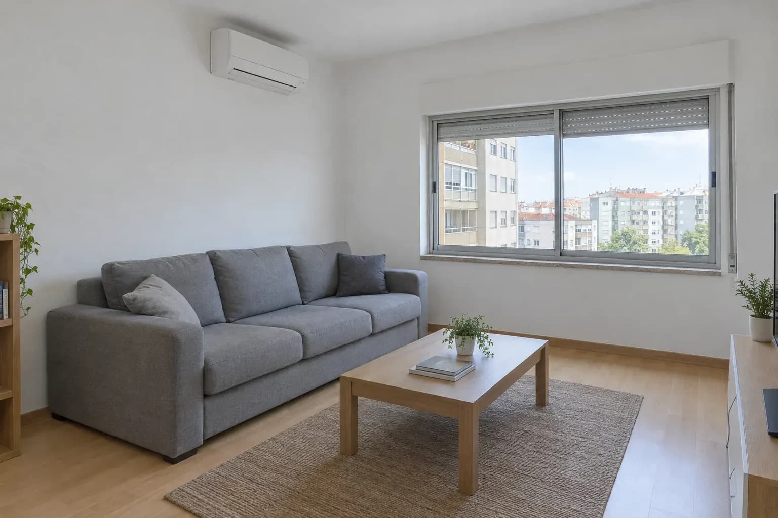 Sala de estar com um ar condicionado de parede branco montado acima do sofá cinzento, com janela de luz do dia ao fundo