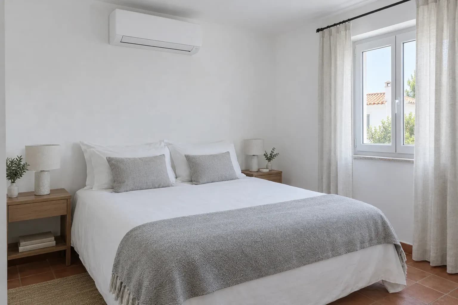 Quarto com uma unidade interior de ar condicionado de parede acima da cama, com janela ao lado
