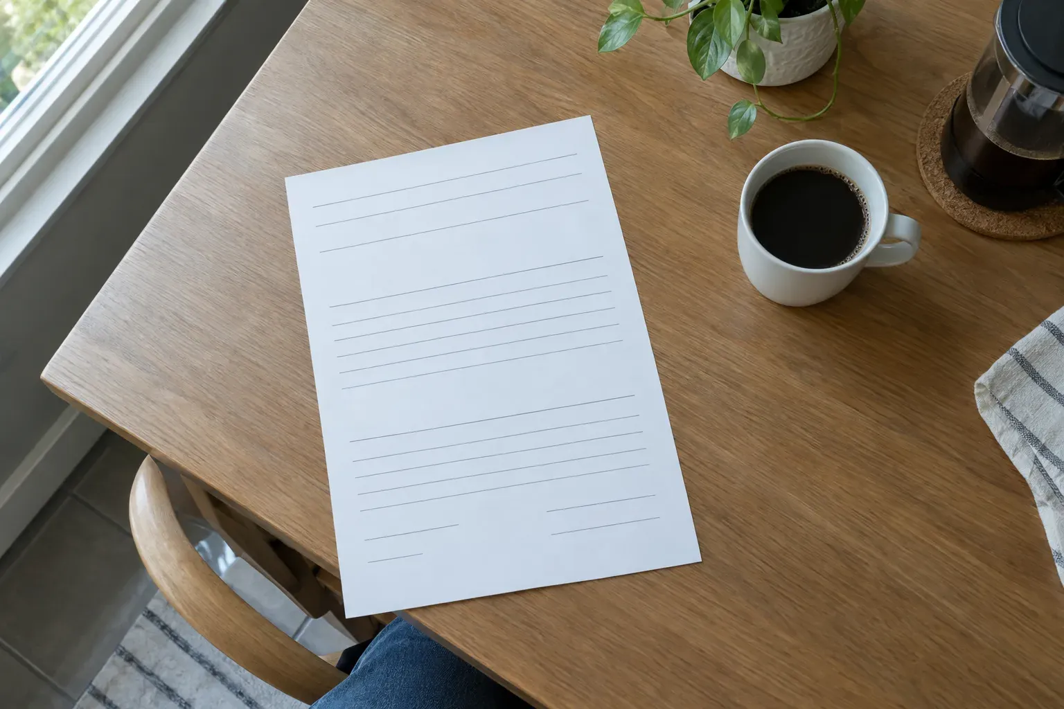 Folha em branco com linhas para preencher, sobre a mesa de uma cozinha, com uma chávena de café ao lado, vista de cima