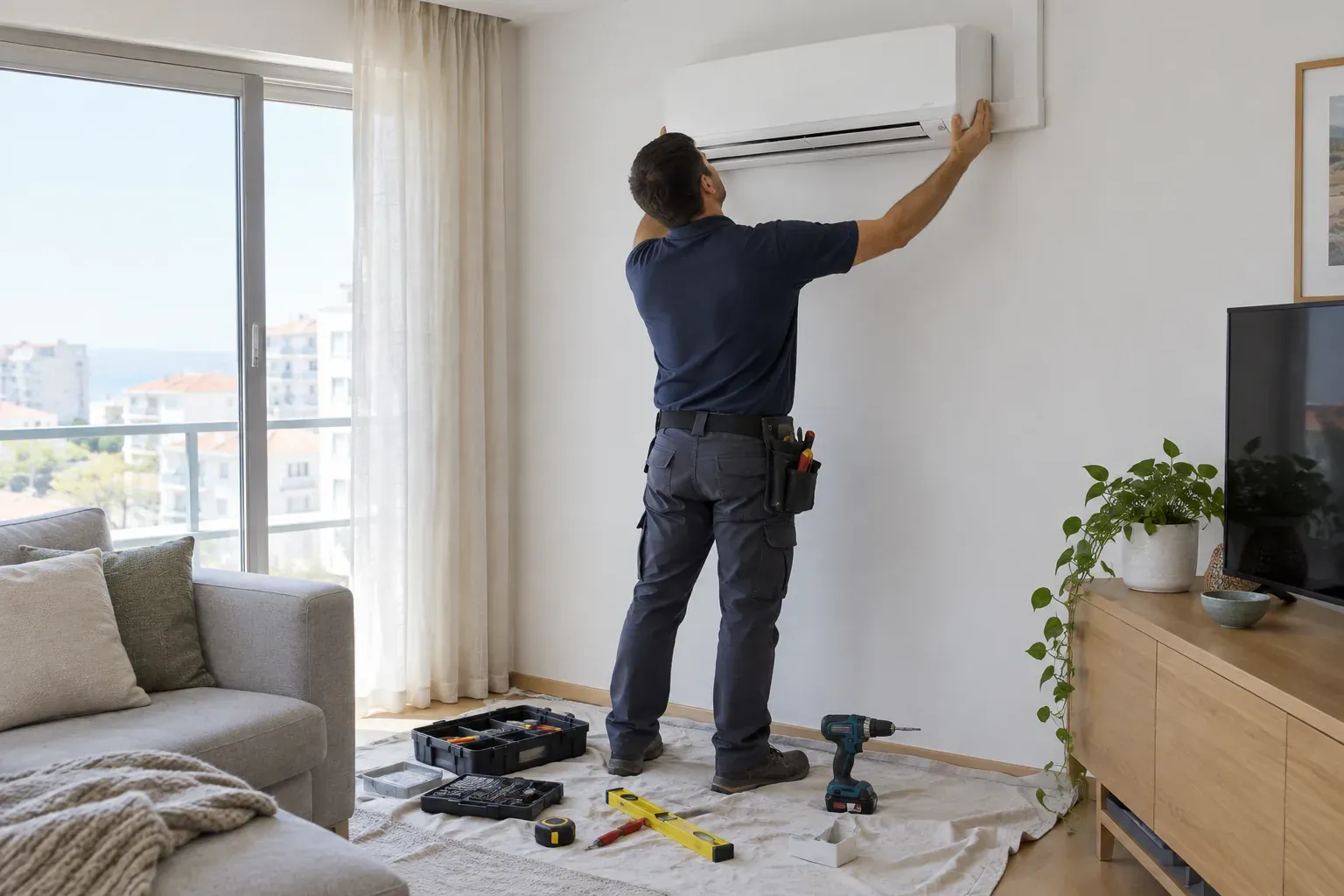 Técnico de ar condicionado a instalar uma unidade interior numa sala de estar
