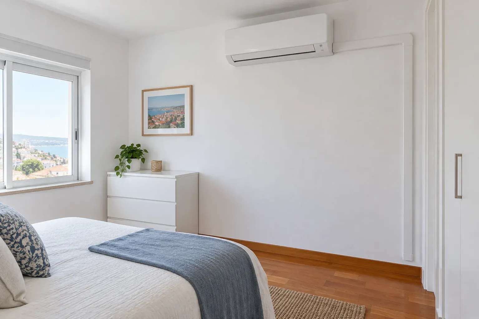 Unidade interior de ar condicionado montada na parede de um quarto