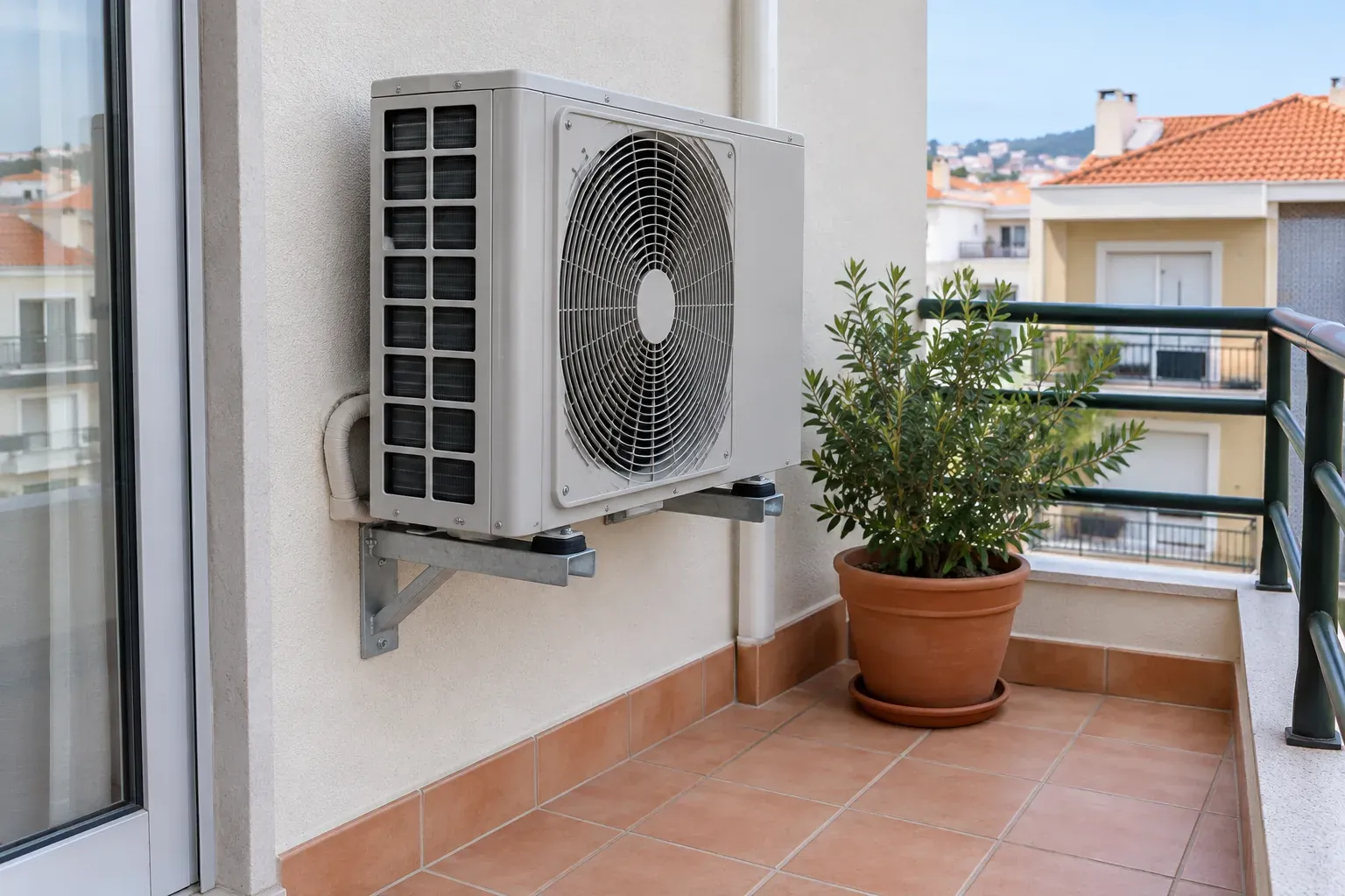 Unidade exterior de bomba de calor fixada numa parede de uma varanda