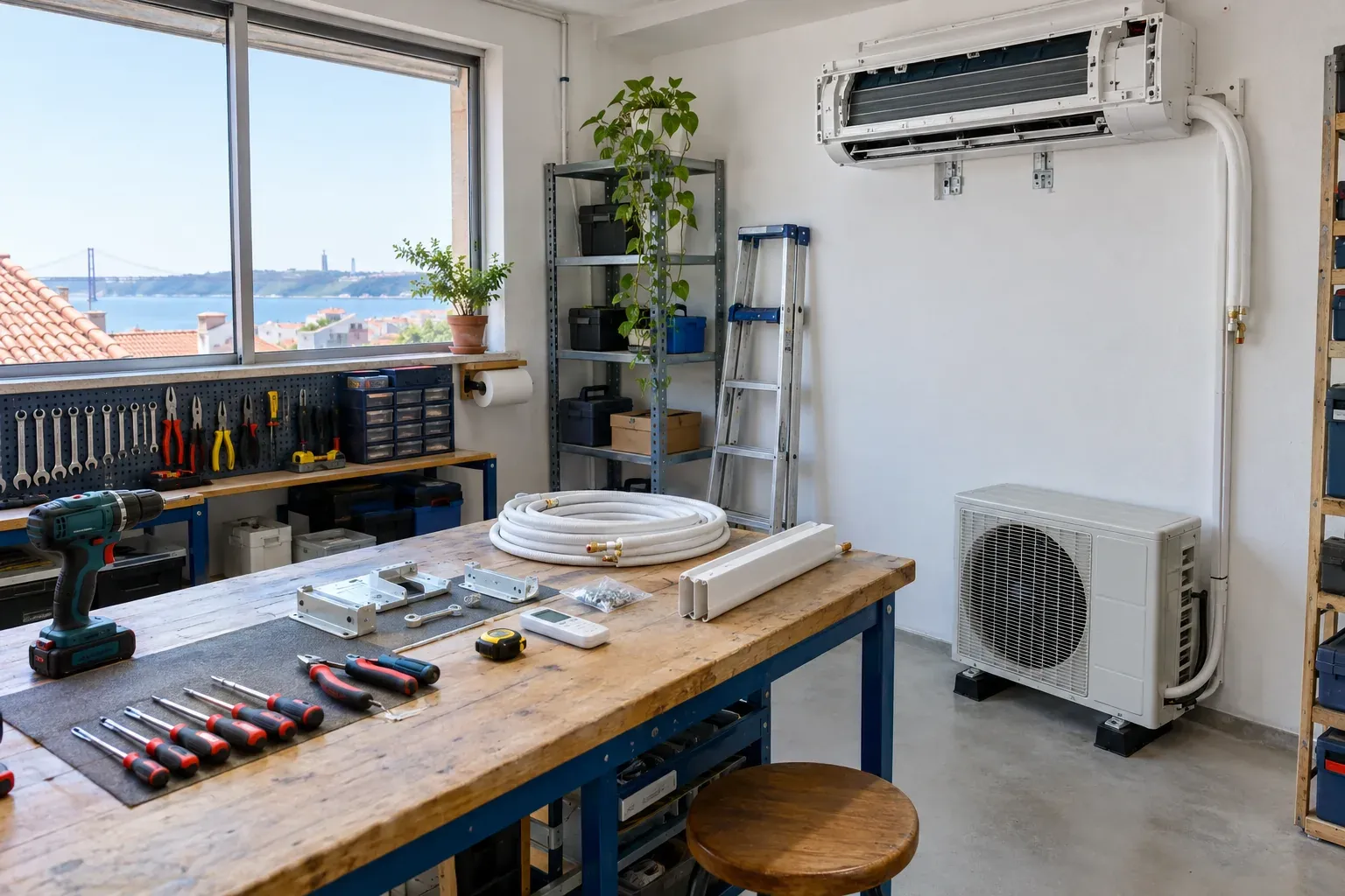 Bancada de trabalho com ferramentas, uma unidade interior e uma unidade exterior de ar condicionado, numa oficina luminosa