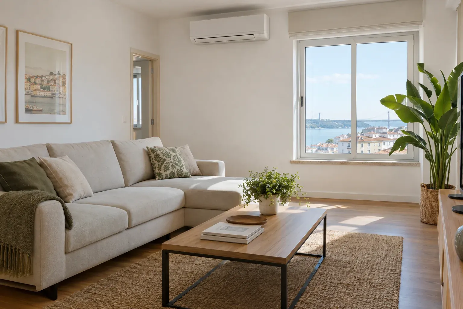 Sala de estar com sofá claro e um aparelho de ar condicionado na parede branca, junto a uma janela com vista para a cidade