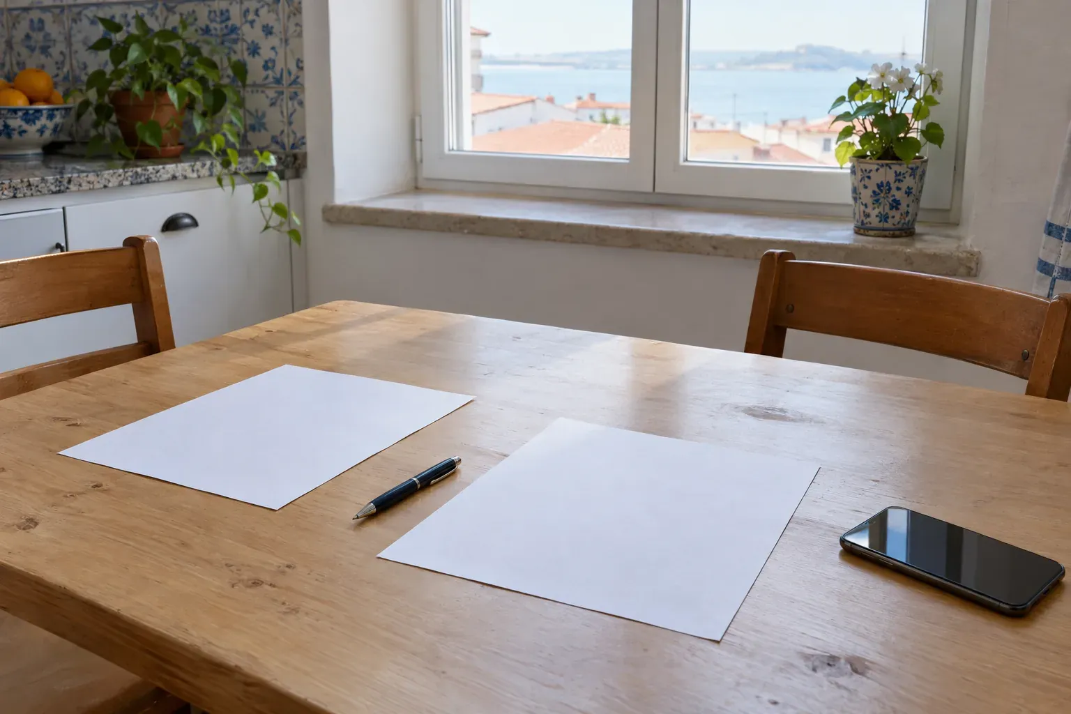 Mesa de madeira numa cozinha, com duas folhas de papel em branco, uma caneta e um telemóvel, junto a uma janela com vista para o mar