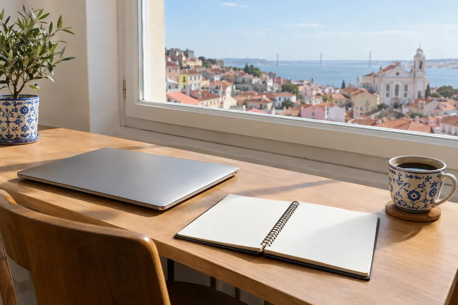 Secretária de madeira junto a uma janela, com um portátil fechado, um caderno de folhas em branco e uma chávena de café